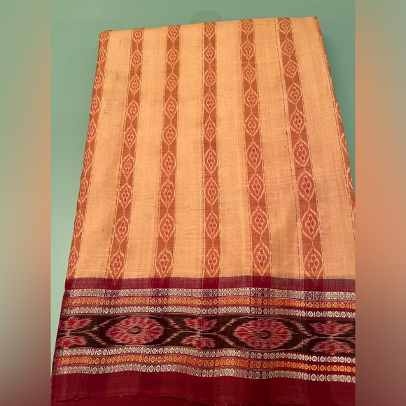 Fabindia style Ikat handwoven 100% cotton stunning saree salmon 🍣 & burgundy NEW - Picture 12 of 15